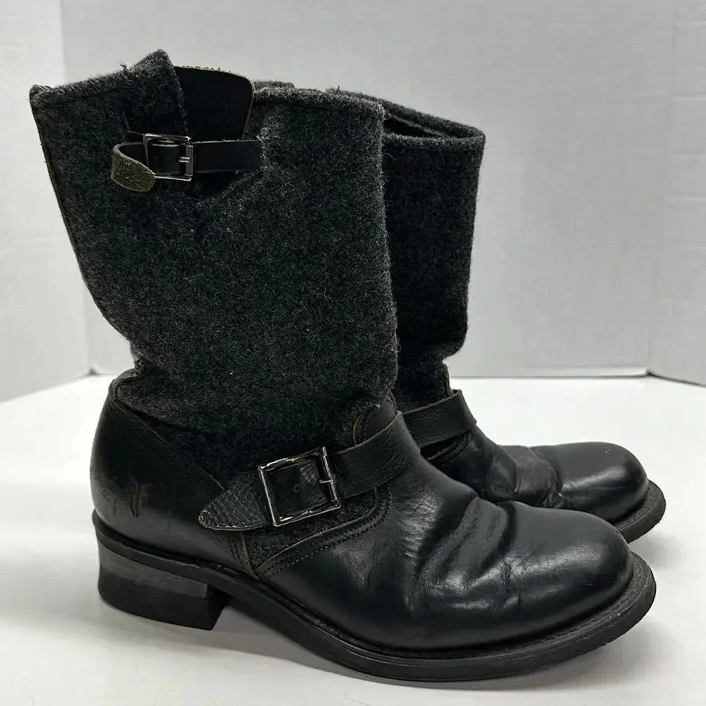Frye Black Leather & Gray Wool Combat Moto Boots